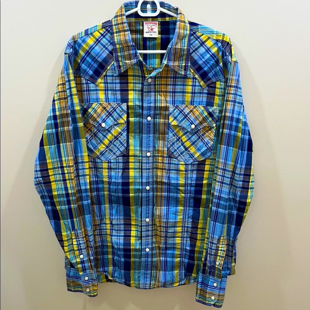 True Religion Men’s Bright Multicolor Plaid Western Shirt. XXL. New Condition.